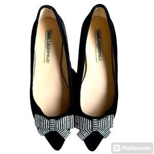 KARL LAGERFELD DAMIA RARE BLACK VELVET RHINESTONE BOW HOLIDAY SHOES BALLET FLATS